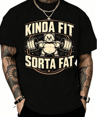 “Kinda Fit Sorta Fat” Funny Bear Weightlifting T-Shirt – Gym Workout Tee for Men, Casual Bodybuilding Graphic Top