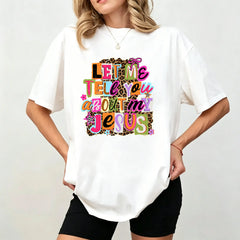 Let Me Tell You About My Jesus" T-shirt, Christian-style leopard print, faith quote T-shirt design, religious Easter shirt.