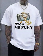 Man S' Money Roll Watch Print White TShirt Crew Neck Casual Cotton Tee Medium Stretch Knit Fabric Regular Fit