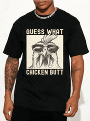 Men Black Cotton Graphic T-Shirt, Funny Glasses Rooster Print Loose Fit Crew Neck Short Sleeve Tee, Casual Party Daily Top