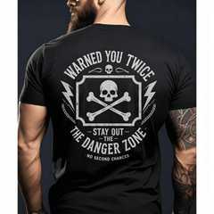 Men Black Cotton Tee, Warned You Twice Skull Crossbones Danger Zone Back Print Vintage Street Casual Top