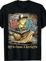 Men Black Crew Neck Graphic T-Shirt, Hip Hop DJ Frog Riding Snail Graffiti Wall Print With "Off to Cause A Kerfuffle" Slogan, Casual Plus Size Short Sleeve Tee