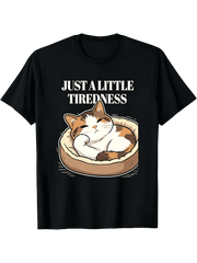 Men Black Crew Neck cotton T-Shirt, Funny Sleepy Tired Cat Graphic Tee With "Just A Little Tiredness" Text, Machine Washable Summer Daily Outdoor Casual Top
