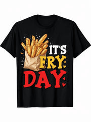 Men Retro Funny French Fries Graphic T-Shirt, Happy Fry Day Heart Fries Print Black Crew Neck Loose Fit Casual Tee, Friday Outfit Humor Top
