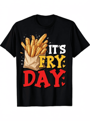 Men Retro Funny French Fries Graphic T-Shirt, Happy Fry Day Heart Fries Print Black Crew Neck Loose Fit Casual Tee, Friday Outfit Humor Top
