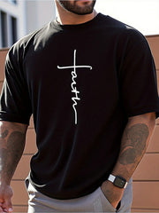 Men T-Shirt Faith Cross Graphic Print Black White Short Sleeve Crew Neck T Shirt