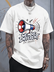 Men White Oversized Cotton Tee, We Move Different Megaphone Lightning Print Hip Hop Street Casual Top For Youth