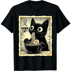 Men's 100% Cotton Short-Sleeve Crew Neck T-Shirt, Trendy Graphic Top with Funny Cat Ramen Design