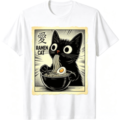 Men's 100% Cotton Short-Sleeve Crew Neck T-Shirt, Trendy Graphic Top with Funny Cat Ramen Design
