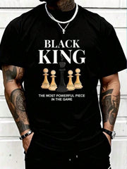 Men's Chess King Graphic Black T-Shirt, Crew Neck Regular Fit Casual Cotton Tee, Medium Stretch Knit Fabric