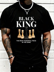 Men's Chess King Print Black T Shirt, Crew Neck