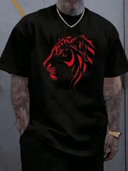 Men's Cotton Tee With Striking Lion Print. 100% Breathable Cotton, Loose Oversized Fit, Comfy Short Sleeve Graphic Shirt For Summer
