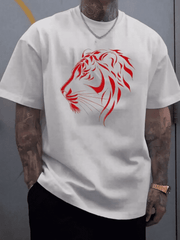 Men's Cotton Tee With Striking Lion Print. 100% Breathable Cotton, Loose Oversized Fit, Comfy Short Sleeve Graphic Shirt For Summer
