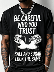 Men's Fun Fitness T-Shirt With Salt And Sugar Trust Pattern Print Loose Fit Breathable Short Sleeve Round Neck Casual And Sports Top, Suitable For Summer- Salt Bottle Design Fitness Clothing