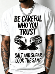 Men's Fun Fitness T-Shirt With Salt And Sugar Trust Pattern Print Loose Fit Breathable Short Sleeve Round Neck Casual And Sports Top, Suitable For Summer- Salt Bottle Design Fitness Clothing