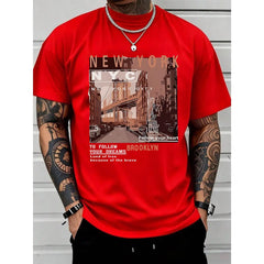 Men's Graphic T-Shirt with Retro Print, Casual Streetwear Regular Fit Short Sleeve