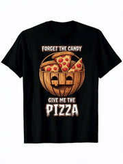 Men's Halloween Pizza Jack-O-Lantern Graphic T-Shirt, 100% Cotton Crew Neck Tee, Funny "Forget The Candy Give Me Pizza" Costume Shirt for Pizza Lovers