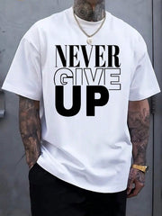 Men's "Never Give Up" Pattern T-Shirt - Cotton, Soft And Comfortable, Red Bold Black Letter Print, Casual Summer Outdoor T-Shirt, Perfect Gift For Men, Machine Washable