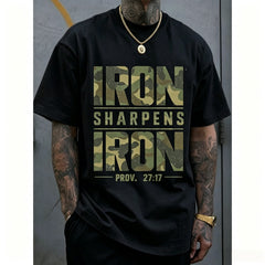 Men's Oversized 100% Cotton Camouflage Graphic Tee with "IRON SHARPENS IRON" Proverbs 27:17 Bible Verse Geometric Print, Breathable Durable Machine Washable Casual Streetwear Summer Fashion Top