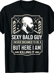 Men's Vintage Barber Sexy Bald Guy Graphic T-Shirt, Funny Bearded Bald Man Casual Tee