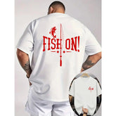 Menswear Unisex 'Fish On' Graphic Print Short Sleeve Crew Neck T-Shirt, Casual Top for Outdoor Fishing Anglers
