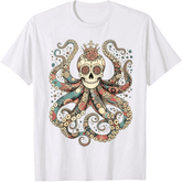 Mexican Sugar Skull Octopus T-Shirt Gothic Rose Crown Crossbones Graphic Unisex