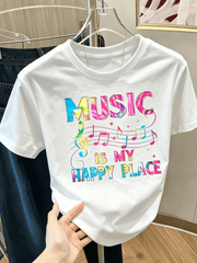 Music Is My Happy Place Printed Short-Sleeve Round-Neck T-Shirt for Women.