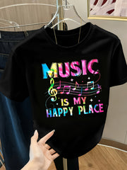 Music Is My Happy Place Printed Short-Sleeve Round-Neck T-Shirt for Women.