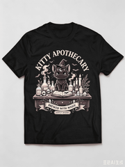 Novelty Vintage Apothecary Table Crystal Skull Bat Cute Witch Cat Graphic Tee