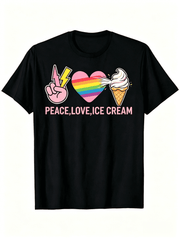 Peace Love Ice Cream Print Men Casual Tee, Rainbow Heart Lightning Finger Graphic 180GSM Soft Short Sleeve Gift T-Shirt