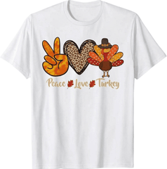 Peace Love Turkey Thanksgiving Graphic T‑Shirt, Casual Crew Neck Short Sleeve Unisex Tee