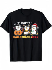 Unisex Holiday Graphic Tee, Happy Hallothanksmas Cute Penguin Halloween Thanksgiving Christmas Short Sleeve T‑Shirt