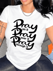 Pray Letter Print T-shirt, Casual Crew Neck Short Sleeve Top For Spring & Summer, Women's Clothing