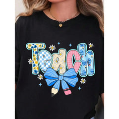 Preppy Teacher Floral Coquette Shirts, Teach Blue Floral Tee, Preppy Teacher Tops, Pencil Bow Teacher Checkered T-Shirts