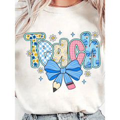 Preppy Teacher Floral Coquette Shirts, Teach Blue Floral Tee, Preppy Teacher Tops, Pencil Bow Teacher Checkered T-Shirts