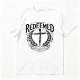 “REDEEMED” Vintage Cross & Laurel Wreath T-Shirt – Religious Streetwear Graphic Tee for Men, Casual Short Sleeve Top