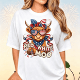 Red White & Moo Highland Cow T-Shirt, 4th of July Patriotic Graphic Tee, Cute American Flag Cow Shirt, Independence Day Fireworks Short Sleeve Top