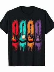 Retro Music Tee - 100% Cotton T-Shirt with Vintage Guitar & Graphics