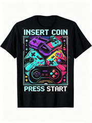 Retro Video Game Controller Insert Coin Press Start Graphic T-Shirt Gamer Casual Top