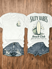 Salty Babes Beach Club Surfboard Double Sided T-Shirt, Retro Ocean Wave Summer Beach Girls Vacation Graphic Tee