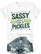 Sassy With A Side Of Pickles Cute Cartoon Pickle Graphic T-Shirt, Funny Food Lover Sarcastic Quote Casual Short Sleeve Tee For Women