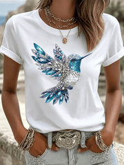 Short-sleeved T-shirt featuring a hummingbird print; regular fit with a crew neck; designed for women, suitable for spring and summer wear.