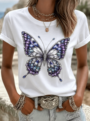 Short-sleeved T-shirt with butterfly print; regular fit, crew neck; stylish women's piece for spring and summer; casual outdoor top.