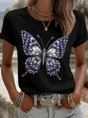 Short-sleeved T-shirt with butterfly print; regular fit, crew neck; stylish women's piece for spring and summer; casual outdoor top.