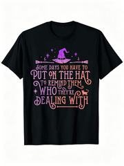 Some Days You Have To Put On The Witch Hat Cat & Broom Halloween Tee – Gradient Text Witchy Graphic Shirt for Women, Casual Short Sleeve Top