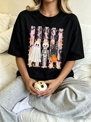 Spooky Season Cute Ghost Skeleton Black Cat Graphic Tee Halloween Preppy Aesthetic Graphic Short Sleeve Fall Party Outfits
