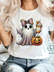 Summer Plus Size Women Halloween Ghost Pumpkin Bow Jack O Lantern Print Crew Neck Short Sleeve Tee