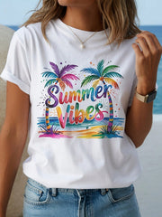 T-Shirt Featuring A Y2K Tropical Palm Tree Design And A Summery Vibe - A Lightweight Round Neck Short Sleeve Beach Shirt