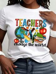 Teacher Print Crew Neck T-Shirt Casual Short Sleeve T-Shirt For Spring Summer Women Clothing