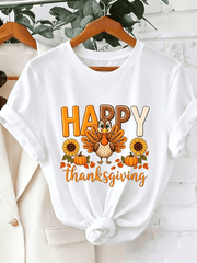 Thanksgiving Turkey Sunflower Pumpkin Print Women Crew Neck T-Shirt, Comfy Short Sleeve Fall Holiday Daily Casual Outfit Top